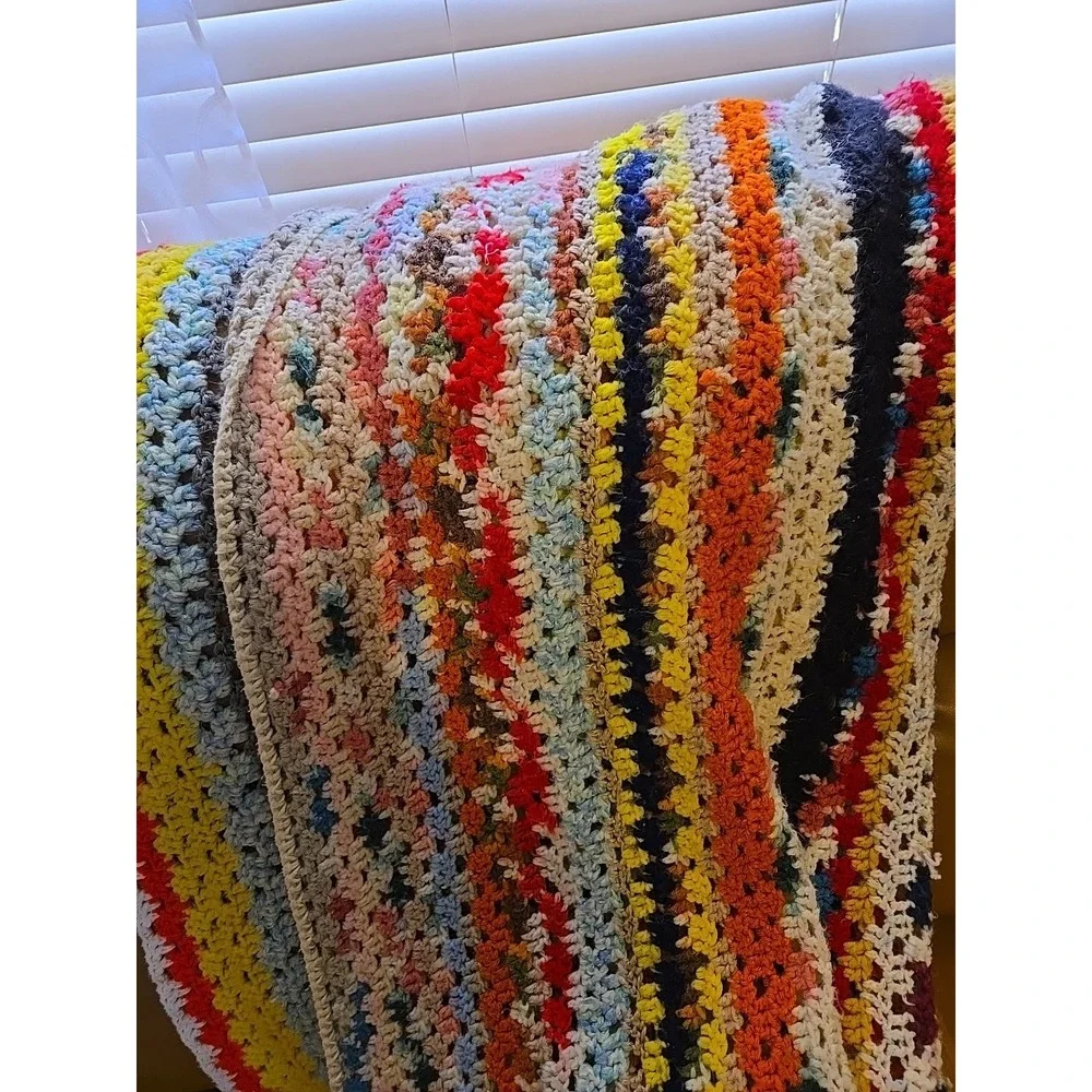 Vtg Crochet Blanket Throw Handmade Granny Stripe Multicolor Boho 56x47 Afghan